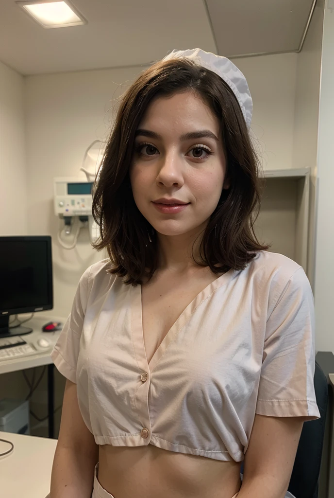 hospital selfie, sick girl, viki odintcova, in medical robe, sad expression, messy hair, bun