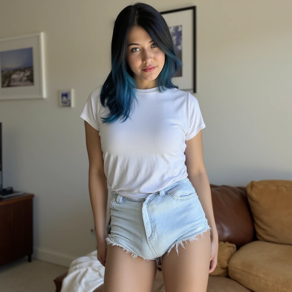 22 year old blue haired model, liegt auf dem Bett, nackt, Nylonstrumpfhose, smiles at the camera