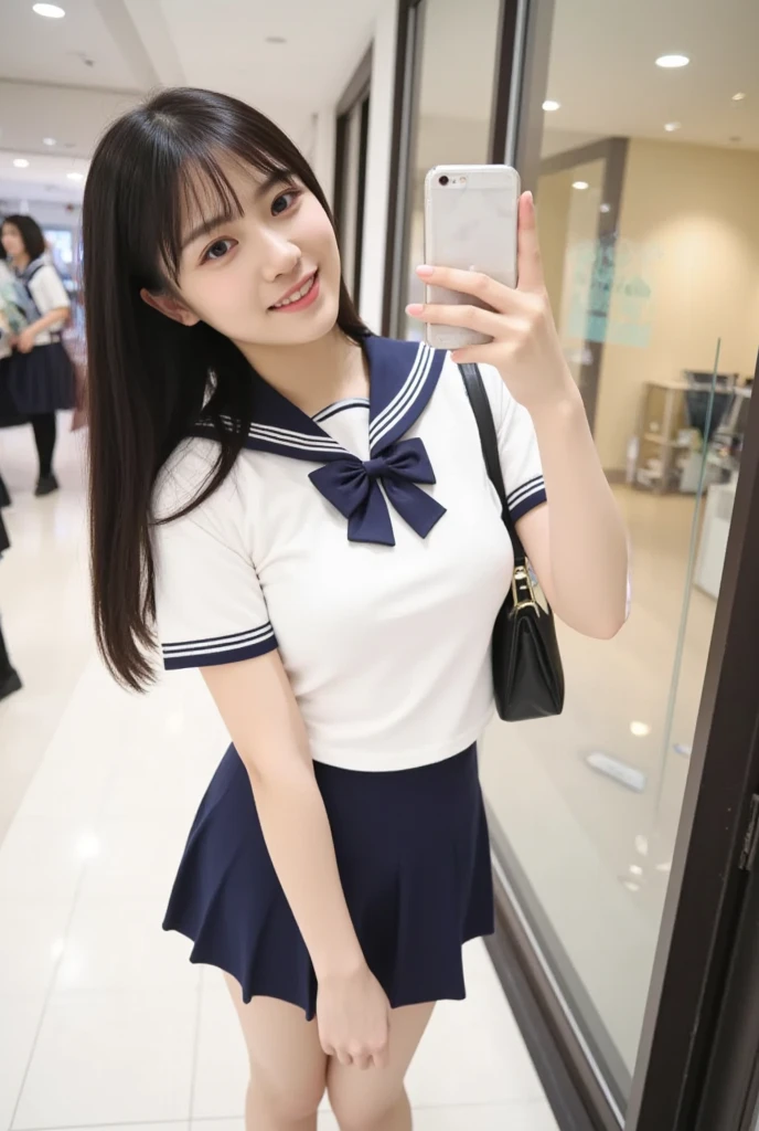 In detail,Full body photo、 Two high school girls、High resolution, high quality、Slim body、Perfect dynamic composition, Beautiful fine details, Blonde、Twin tails、Natural color lip,Kamimei、17-year-old girl、Clear Skin、Sailor suit、Navy blue mini skirt、Thighs、Shiny Hair、最high quality, figure, Very detailed, In detail, High resolution, 8k、The correct state of the human body、Sculpture model pose，Pink wall,Sitting in a chair、Thighs are visible、smile、