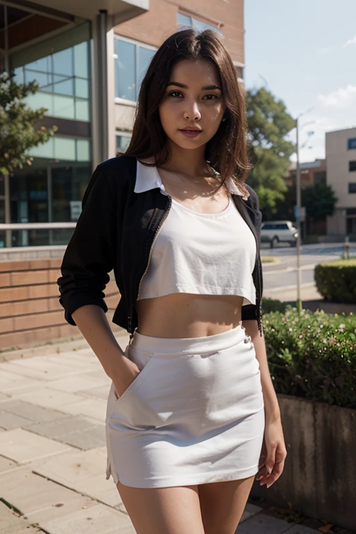Realistic, ultra-detailed photo of a stylish girl at Sydney University, blending edgy and casual fashion: she's wearing a fitted black latex skirt that hugs her curves, paired with a casual white t-shirt tucked in, and a light denim jacket draped over her shoulders. Her outfit is completed with white sneakers, adding a comfortable yet chic touch. The setting is the university's picturesque quad, with historic sandstone buildings and lush greenery in the background. The girl is standing on a pathway, looking at her phone with a slight smile, appearing effortlessly confident and stylish. The combination of latex and casual clothes creates a unique and eye-catching ensemble, perfectly suited for the vibrant university atmosphere.