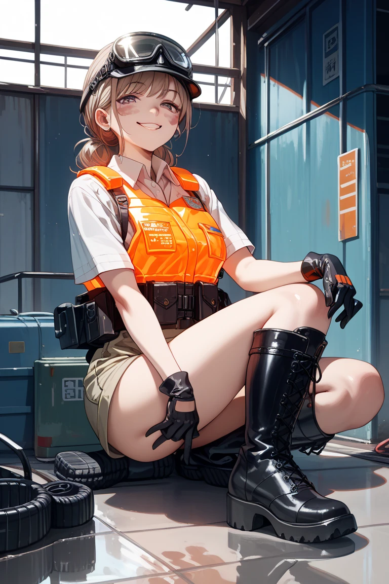 masterpiece, best quality, 1girl, repairing, tools, construction worker, warning sign, sitting, helmet, yellow eyes, black hair, gloves,