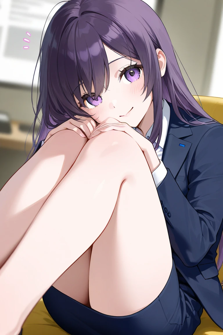masterpiece, best quality, 1girl, solo, raiden shogun, long hair, purple hair, purple eyes, medium breasts, braided ponytail, hair ornament, blunt bangs, flowers, mole, mole under eye, sweat, Office top, Skirt, Office background, in Manager office, daylight, tired, Working, Black Bra