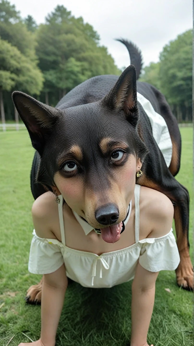 cinematic lighting, hyper realism, 1girl, milf, 1dog, bestiality, nude, dog leash, sex