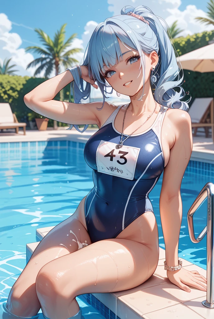 top-quality、Full limbs、complete fingers、Slender beauty、straight haired、Long、Light blue hair、(Light Blue High Neck Long Sleeve Competitive Swimsuit:1.3)、(Brown pantyhose:1.3)、Light blue high heels、Beautiful Large Breasts、lawn、The tree々Surrounded by、sitting on、A big smile、blushing