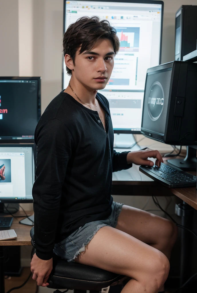 Masterpiece, best quality, super detailed, sfw, 1boy, an attractive 18 year old white boy laying in bed using laptop video call, looking at laptop screen, ((sweat)), topless, wearing tight underwear, big bulge , full body shot, side view,