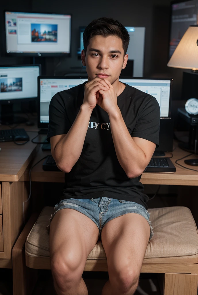 Masterpiece, best quality, ultra detailed, sfw, 1boy, an attractive 18 year old fit white boy lying in bed using laptop video call, looking at laptop screen, ((sweat)), topless, wearing tight underwear, big bulge , full body shot, side view,
