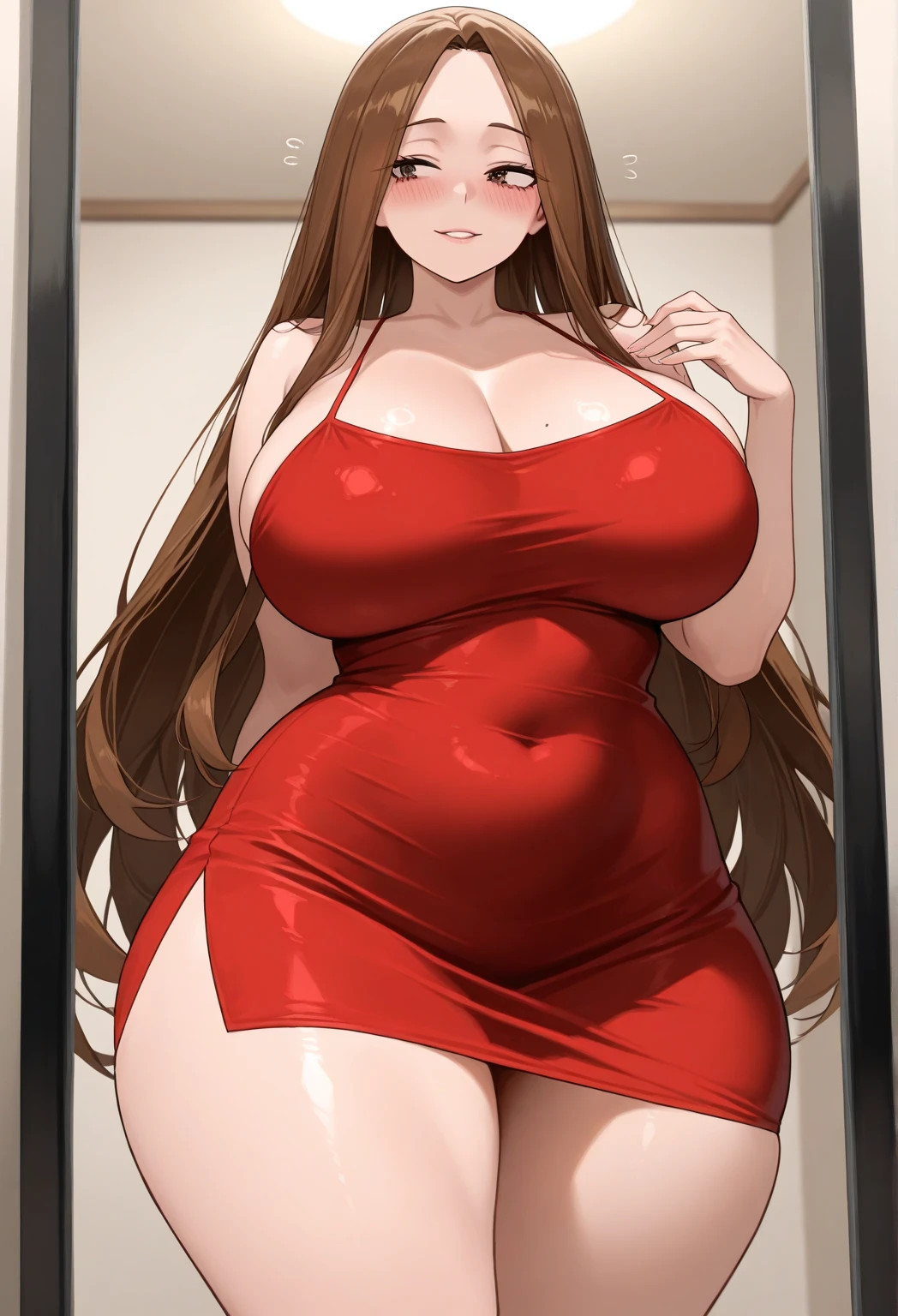 Beautiful Young Girl, Long Brunette Hair, Beautiful Blue Eyes, wearing a Red Shirt and worn Jeans, very huge hips, big butt, excessively enormous thighs, extremely thick thighs, Excessively Exaggerated , unnecessarily Excessively Huge Breasts, big cleavage,