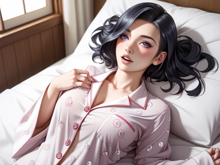 (((Tamara Taylor))), (lying in bed dressed in pajamas), sleeping, collarbone, round breasts, (short straight black hair), realistic, peaceful beautiful face --auto --s2