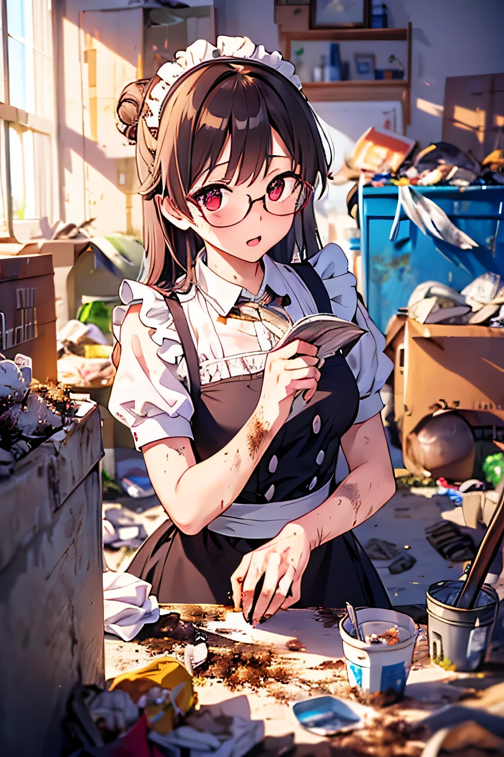 absurderes, Hi-Res, (anime style:1.2), ((Mizuho Kazami)), ((top quality)), (Ultra Detailed), (beautiful), solo, beautiful face, red hair, hair bun, sidelocks, glasses, (in an unbelievably dirty room:1.5)、the room is full of trash 、trash with old manga magazines, glasses, ephemeral, dramatic, detailed pile of garbage in background, (I'm wearing a floorlength black and white Victorian maid's uniform)、(I'm holding a push broom), scattered takeout food containers