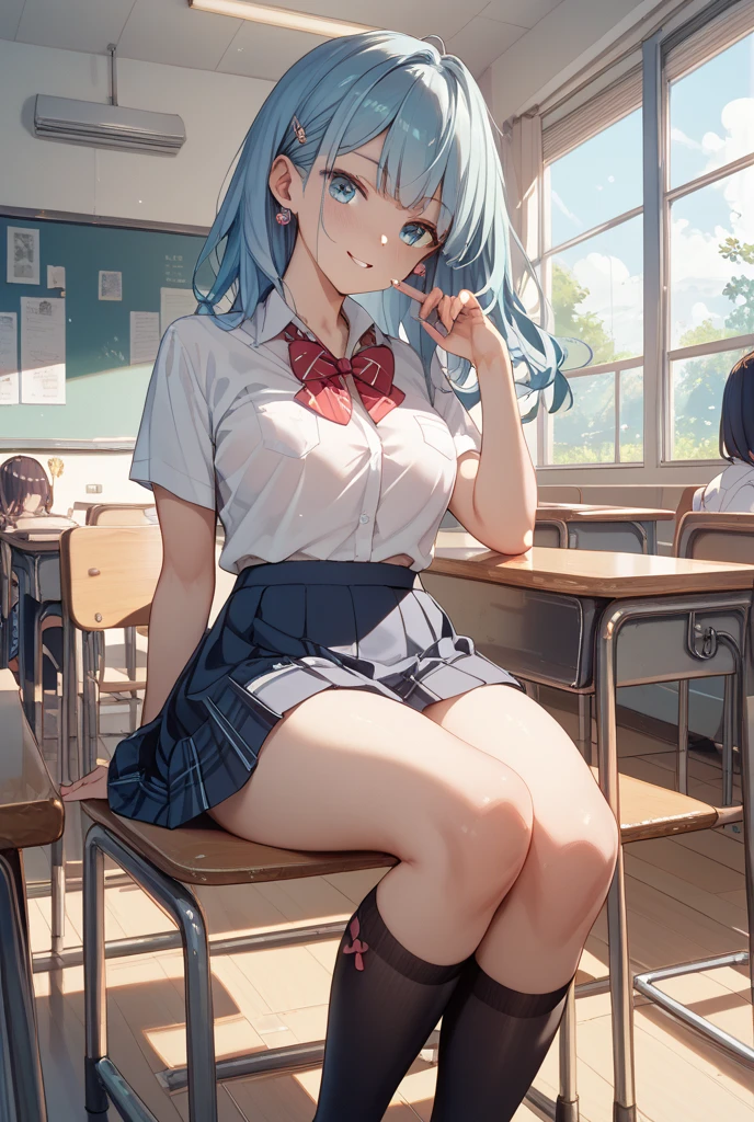 Masterpiece, Best quality, a beauty girl, hair over shoulders, Light blue hair, Green eyes, school uniform, Socks,