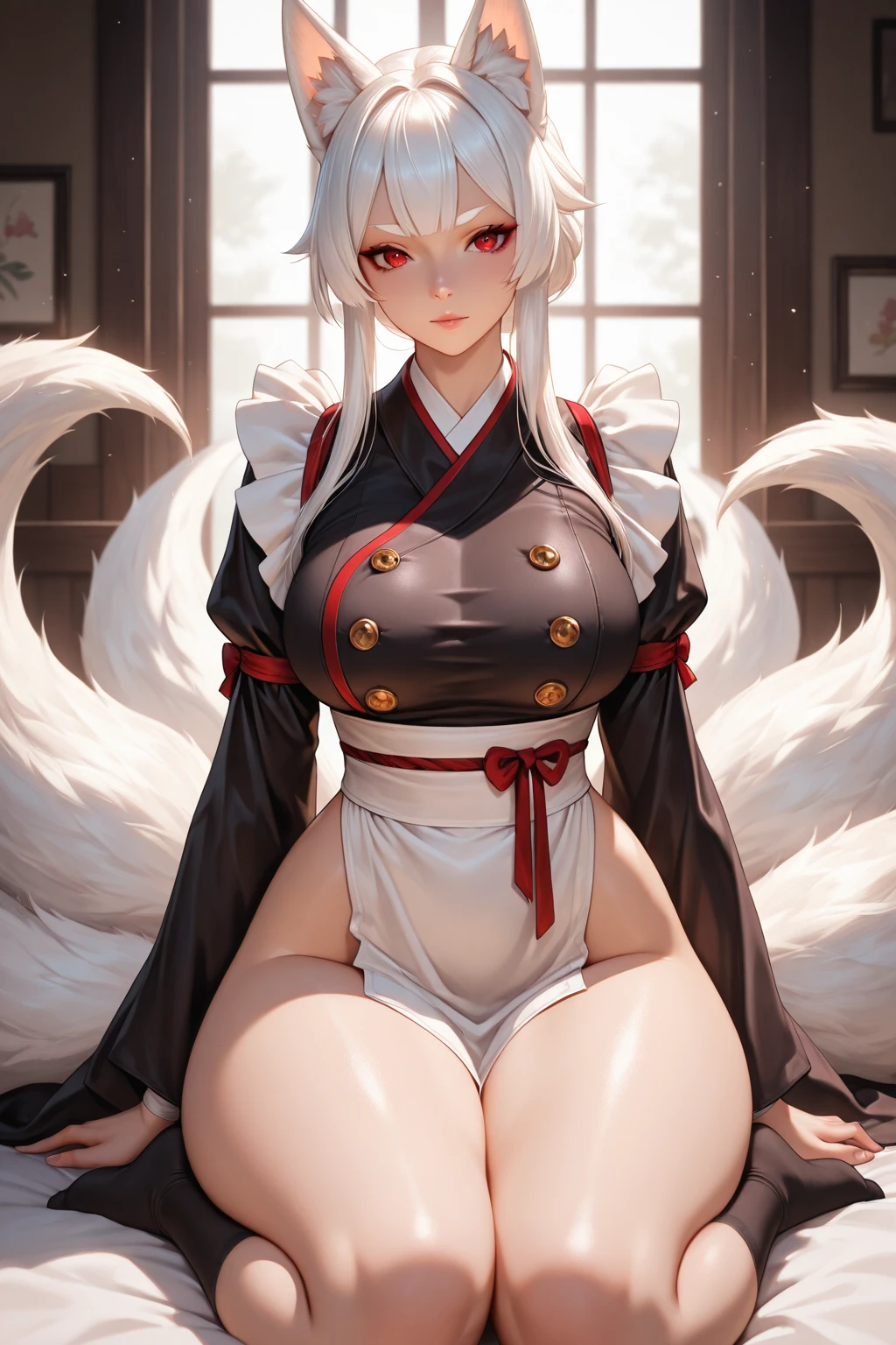 (masterpiece, best quality, perfect face, (beautiful and aesthetic:1.2), extremely detailed, highest detailed face), (beautiful kitsune lady, (longwhite hair:1.4), (red eyes:1.2), (flawless pale skin:1.3), fake breasts, (narrow waist), (fox ears:1.2), (thicc thighs), wide hips, long legs, (slender body:1.2), ((wearing kimono)), (sexy pin-up pose:1.3), (high quality, hyperrealistic, CG, unity, 4k),