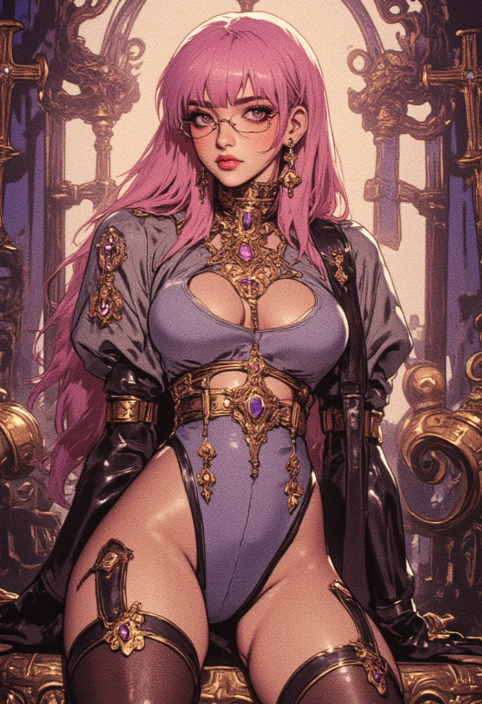 Masterpiece, Ultra extremely detailed, Insanely Definition - quality, 8k, (vibrant colors,vibrant theme), (intricate), full body , NSFW, Hair , helloutfit , solo, female, curvy, dark skin, posing, classroom, book on table, sitting on chair, leaning to table, looking at viewer, , pink hair, very long hair, hair intakes, purple lipstick, makeup, yellow eyes, perfect eyes, perfect face, earrings, large breasts,
