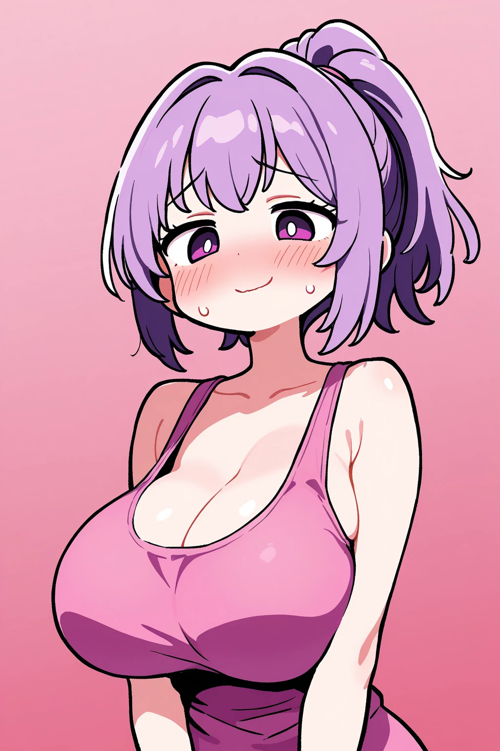Anime Girls, (masterpiece, highest quality, 8K ultra-high resolution:1.4), gleaming skin, beautiful detailed eyes, ultra-detailed, cowboy shot
1girl. solo, mature, adult, milf, facing viewer,
looking at viewer,
smile, horny, sweat, nervous, 
((long camisole)), boob tent, big butts, thick thighs,
grey background, simple background, 