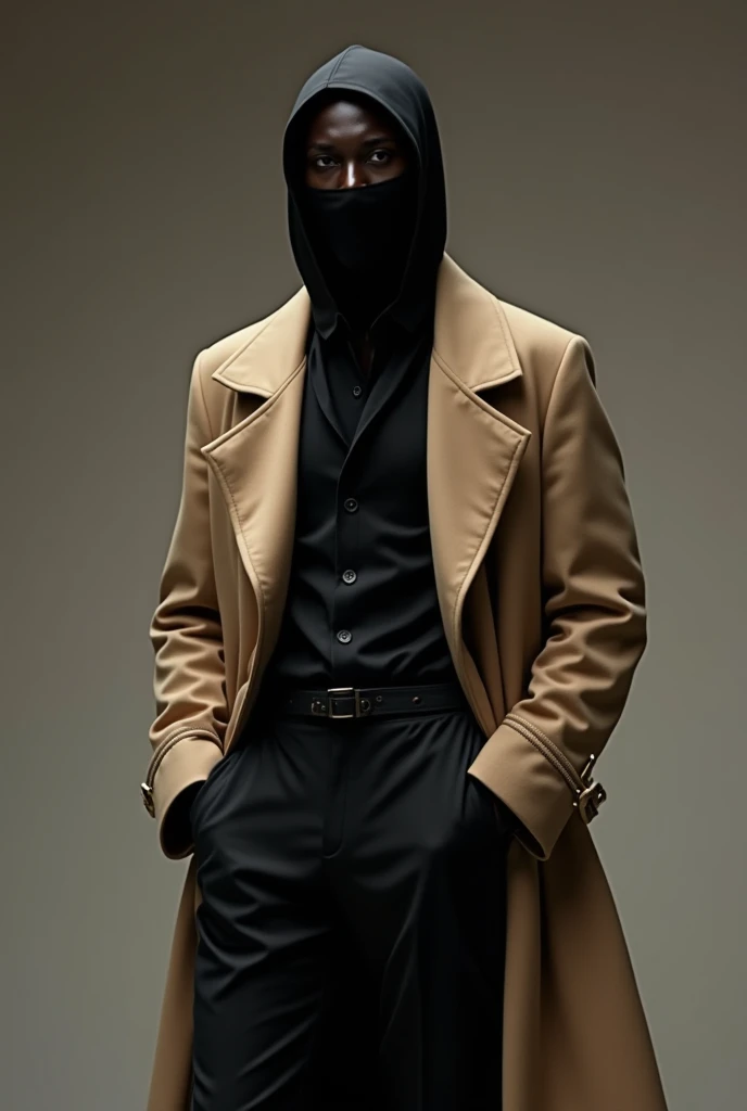 completely hidden face misterious white arabic woman wearing 2 eye holes black ski mask covering mouth and nose, without hair, brown biker leather jacket, wide leg denim pants, sitting on the chair, looking at self vanity mirror, high hills sandals, crossing legs, hand on her face