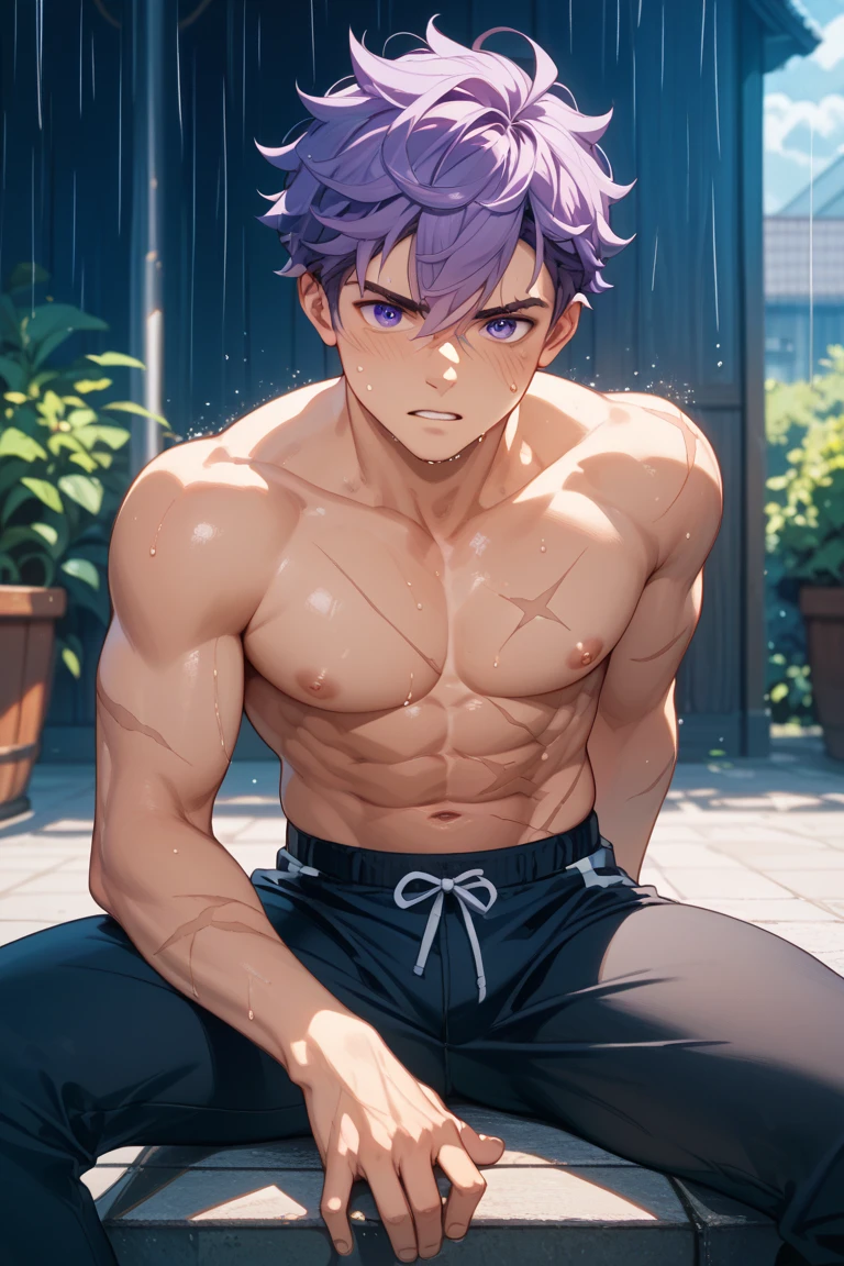 (masterpiece, best quality), 1boy, younge boy,Flat chin,is shy,ssmile,musculous, short blue-purple hair, Dark gray eyes, 复杂, (Baths), full bodyesbian,nakeness, White briefs,Pectoralis abdominal muscles,vivd colour,(depth of fields:1.2),(abs),Be red in the face,looking at viewert,A piano,spread their legs,neonlight,Colorful light effects,Fluorescent effects