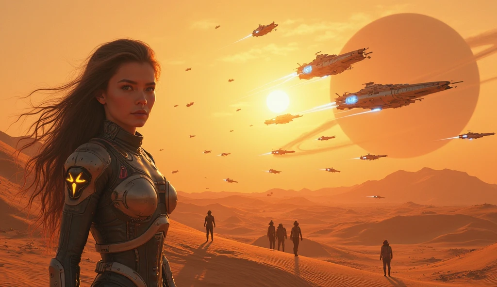 arafed image of a woman holding a gun and a robot, in fallout cover art, american soldiers invaded mars, warm shiny colors, large dieselpunk flying airships, trending on artstattion, melting spaceships!, stunningly detailed artwork, widescreen shot, rockabilly, inspired by Virgil Finlay, good against evil, featured on cgsociety, death and robots --auto --s2