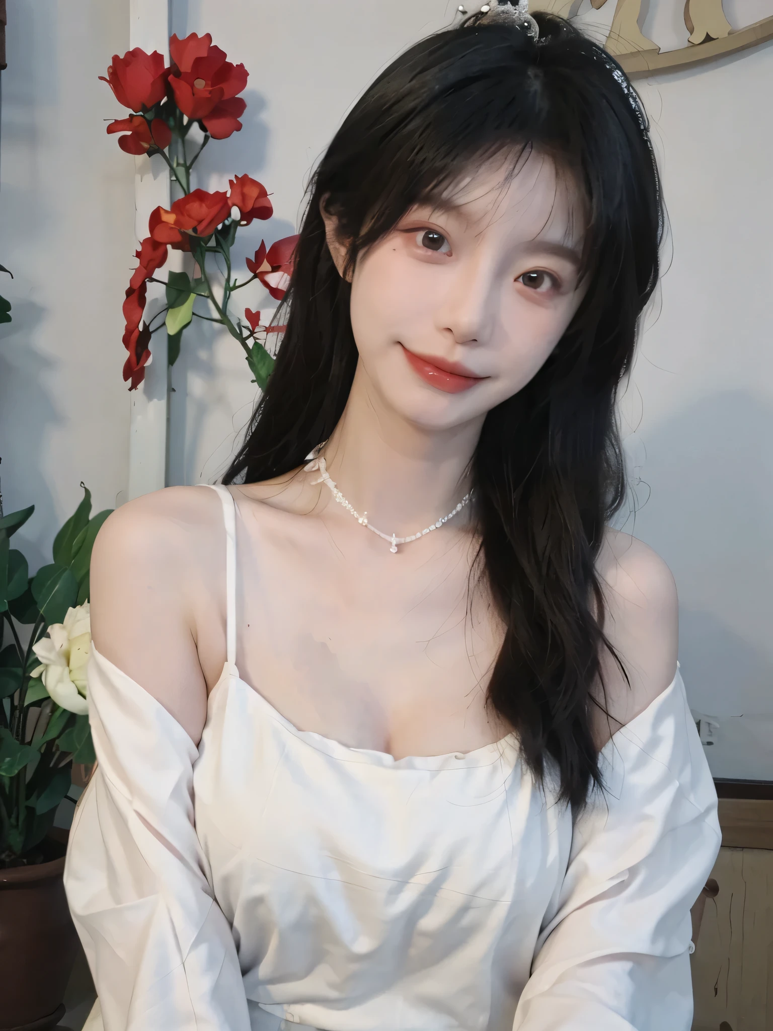 best qualtiy, 超高分辨率, (realisticlying:1.4), one-girl, A pair of clear and moving peach blossom eyes,Royal Sister,Black long straight,Yellow tight skirt, (Faded gray-gray hair:1.2), (big cleavage breasts:1.2), looking at viewert, closeup cleavage ,