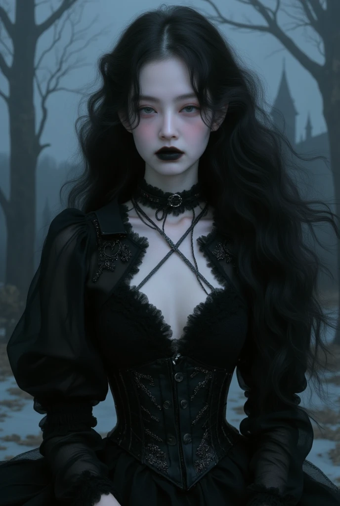 women,long straight black hair,medium bust,dressed as a witch,at night,full moon in the background,looking to the camera, photorealist