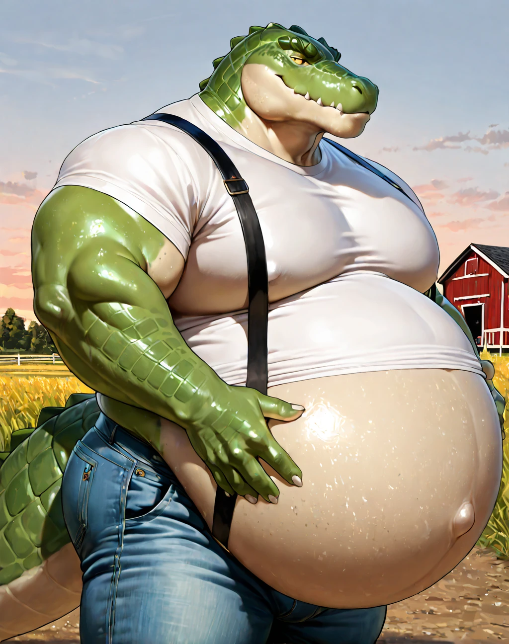 white anthro giant tyrannosaurus with chubby build, super broad shoulders, giant lats, huge round heavy pecs, massive arms, thick thighs, big thick tail, giant bulge in boxers,, with collar, hlding bags of groceries, dynamic pose