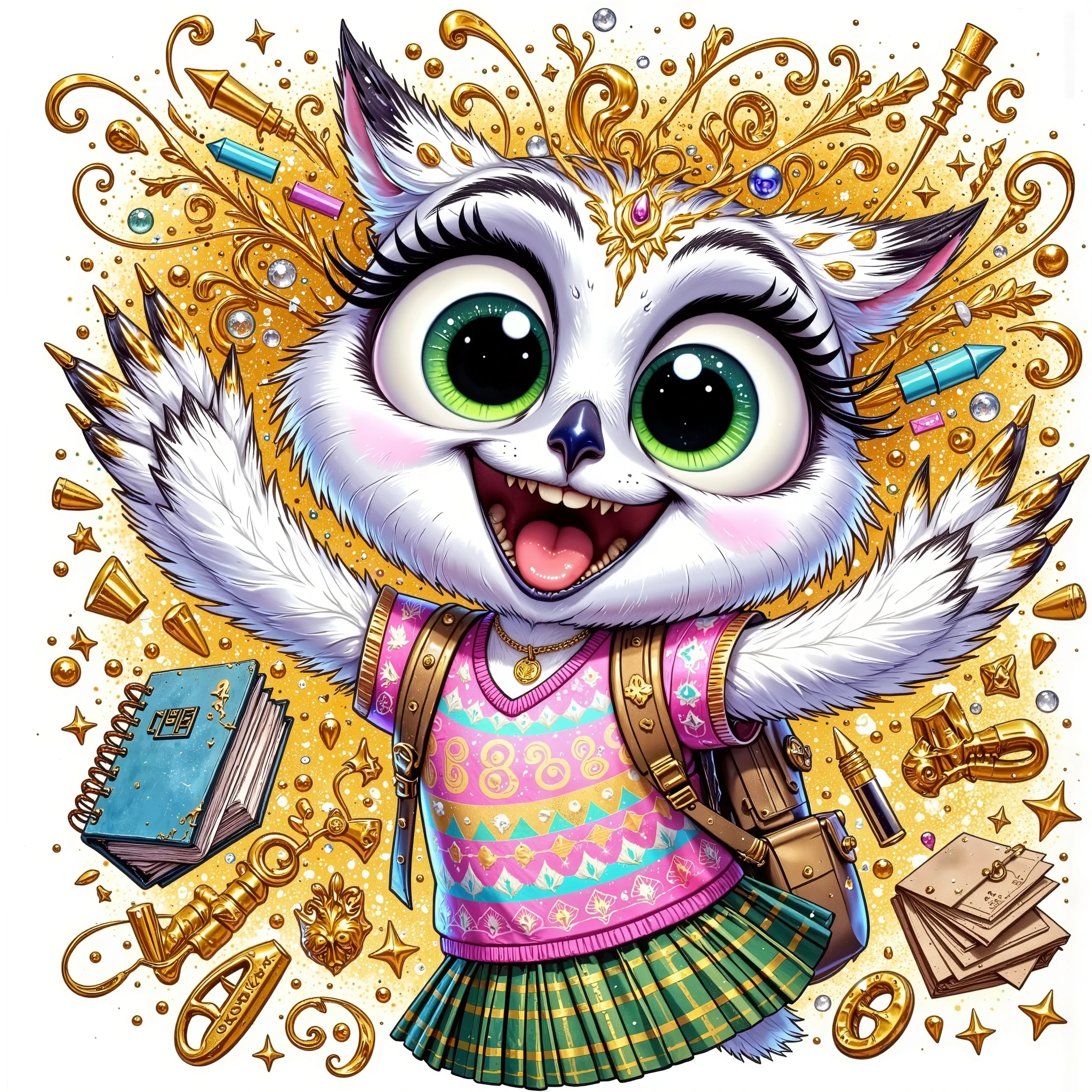 goldglitter (extremally detailed hi-rez and realistic ideal silk glossing hairs and goldglitter shine detailes: 1.5) a quirky crazy happy expressive emotions by pixarand Zootopia,glossing vibrant vivid, color-metallicgoldlines-inkblacklines, watercolor with clear contours, single very cute flirtous 15years Hedwig white polar owlteenager cool teenager with schoolbooks, school glitterclothes, isolated clipart on white background, glossing gold details,highfashion pose,whole-body,Zootopia,whole-body full-body clipart,GREGRUTKOWSKII STYLE