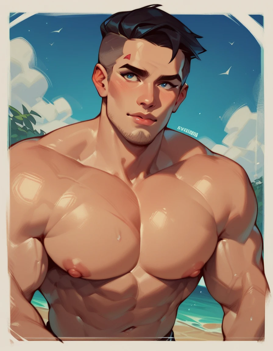 ((the best quality)), ((Masterpiece)), (details), perfect face, high definition, Masterpiece,4k,details clearly, Handsome face, white skin, perfect body, male body, strong muscles, abdomen, blue eyes, white skin, The most handsome man in the world, handsome, The coolest face, Male characters, sunlight, colorful picture, close image (1man, shirtless), young man, mischievous smile, Extremely muscular tall man, open your eyes ((detailed eyes)), huge, muscular body and Massive, bulging pecs, muscular abs, narrow waist, short hair, blue eyes, delicate big eyes, carefree expression, Clear face, handsome (detailed face, perfect face) ((extremely realistic shadows, bodybuilding posture, human, ((22-year-old young man)), V shape