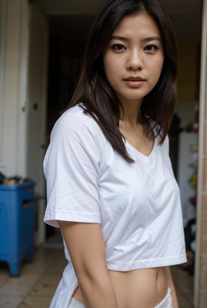 one girl, white skinned, straight black hair , short-sleeved brown shirt