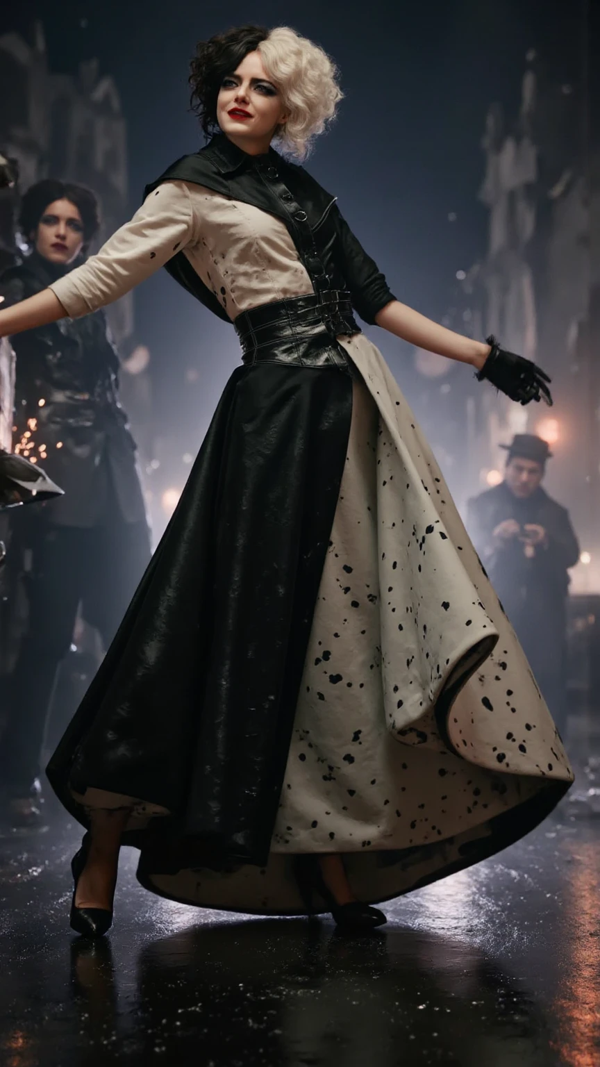 masterpiece, ultra-high quality, photorealistic, dramatic fashion scene, glamorous villain woman standing on a moving garbage truck, ultra-long luxurious black and white couture gown trailing behind, flowing fabric in the wind, cinematic lighting, late night city street, trash and sparks flying, bold fashion rebellion, seductive and confident expression, red lipstick, high heels, stylish punk hairstyle, elegant gloves, flashing paparazzi lights, smoky background, dramatic pose, sensual silhouette, confident smirk, inspired by Cruella, edgy and sexy, modern fashion villain, luxurious chaos
