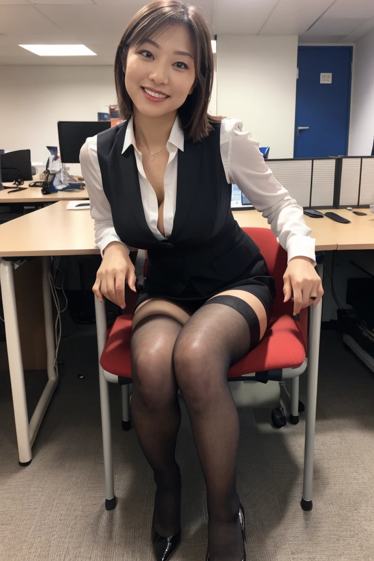 of the highest quality, 8K, Beauty, Office Lady, Slender body, Smiling，Big, bob cuts, Ash brown hair, (Squatting, Open legs: 1.3, Show off female genitalia: 1.5), Super Detailed Face, very detailed lips, detailed eye rack business suit, Jacket, Blue blouse, Black tight skirt, White bra, (((I'm not wearing panties:1.0)), camel's toe, high-heels), Office, Office, desk work, personal computers，((female genitals are clearly visible:1.0)) ，((Taking off your panties:1.0)), (Draw completely from head to toe),