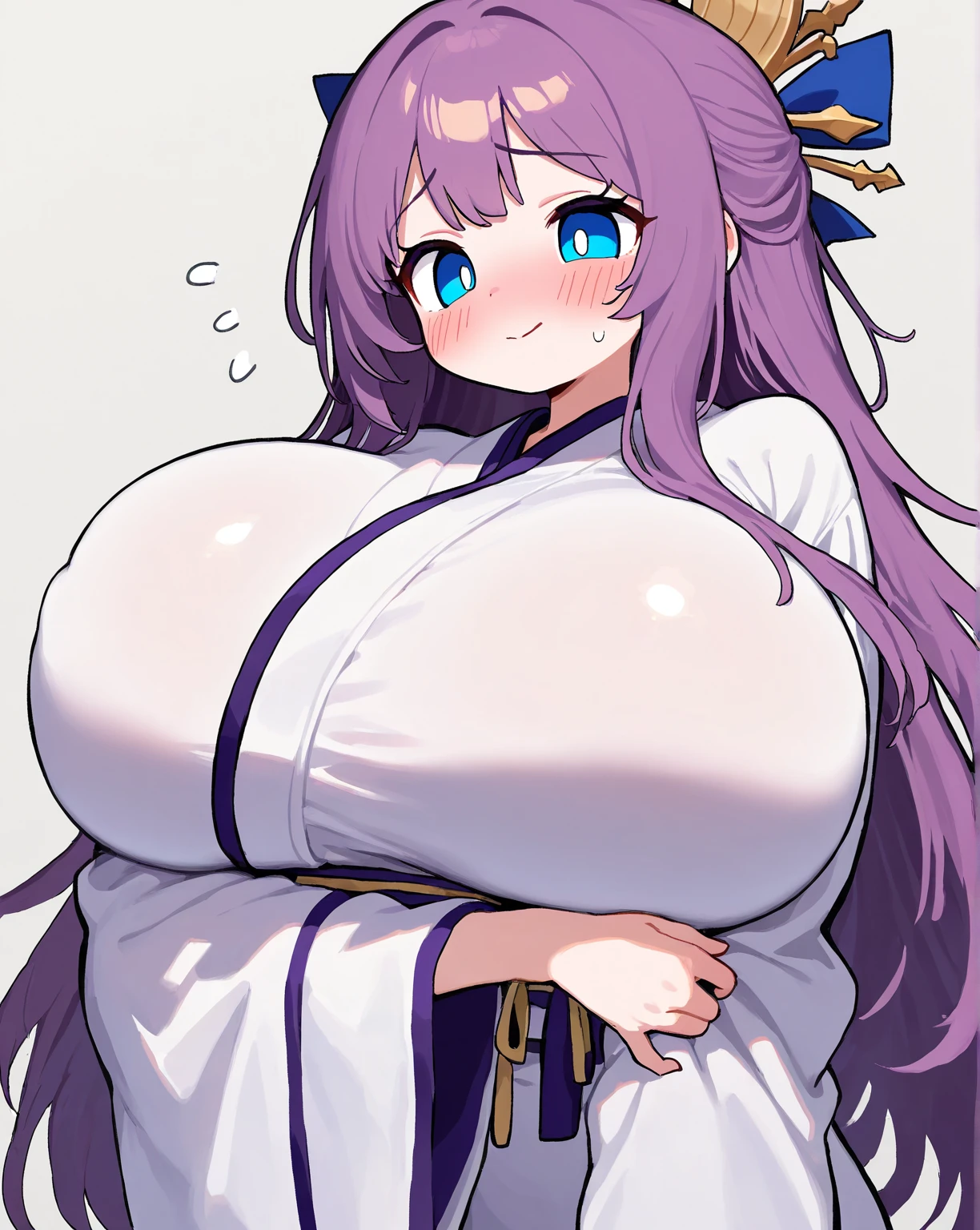 ((Her boobs are too big and stick out of her clothes)), The areol, Ascension 3, Final costume, 1girl in, Solo, Looking at Viewer, Smile, Open leg sitting, blush, flower petals,