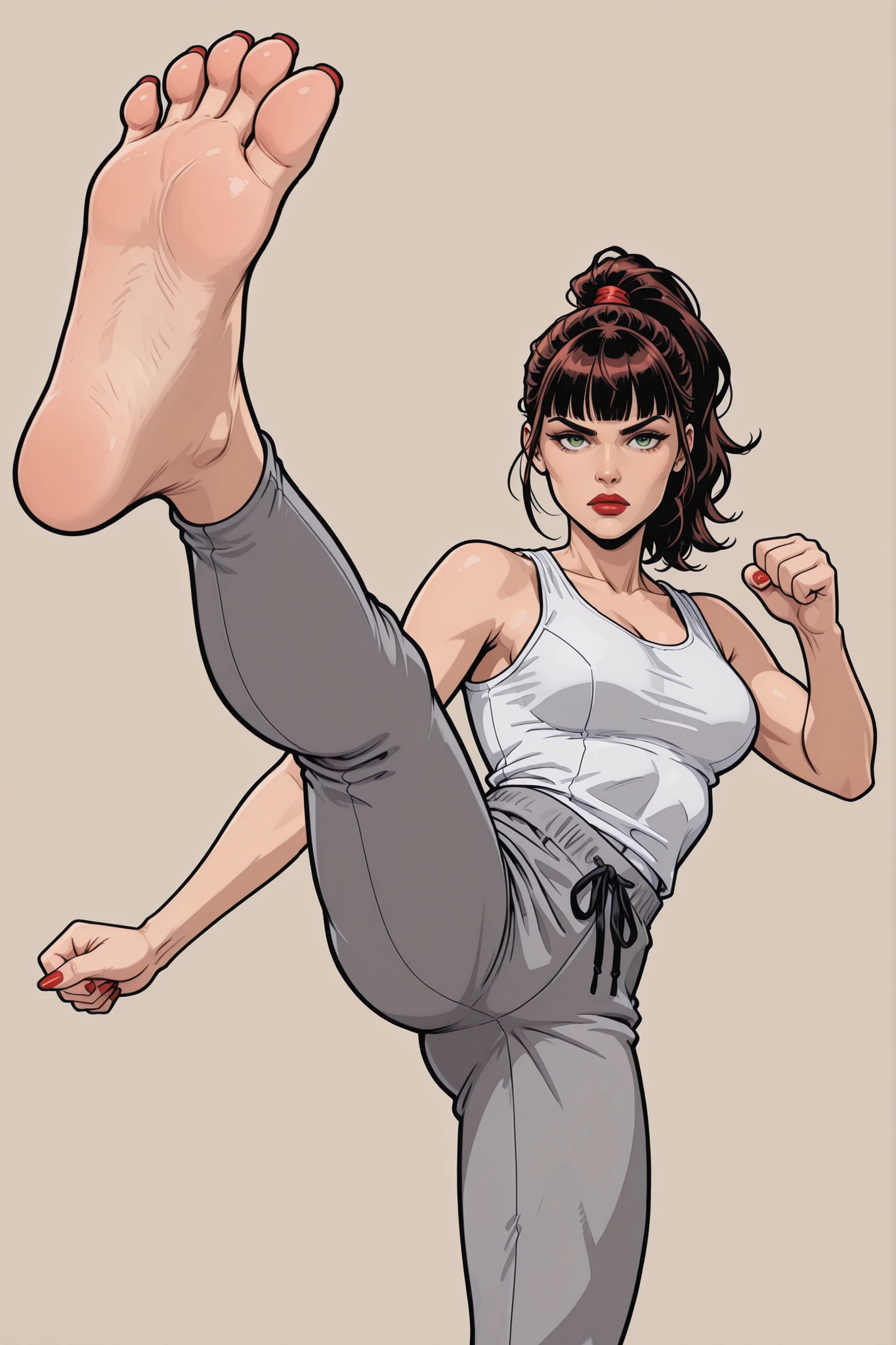 Foot_focus, 1girl, solo, brunette, single_ponytail, blunt_bangs, serious, green_eyes, red_lipstick, white_tank_top, grey_sports_pants, barefoot, red_nails, soles, toes, high_kick, looking_at_viewer, simple_background