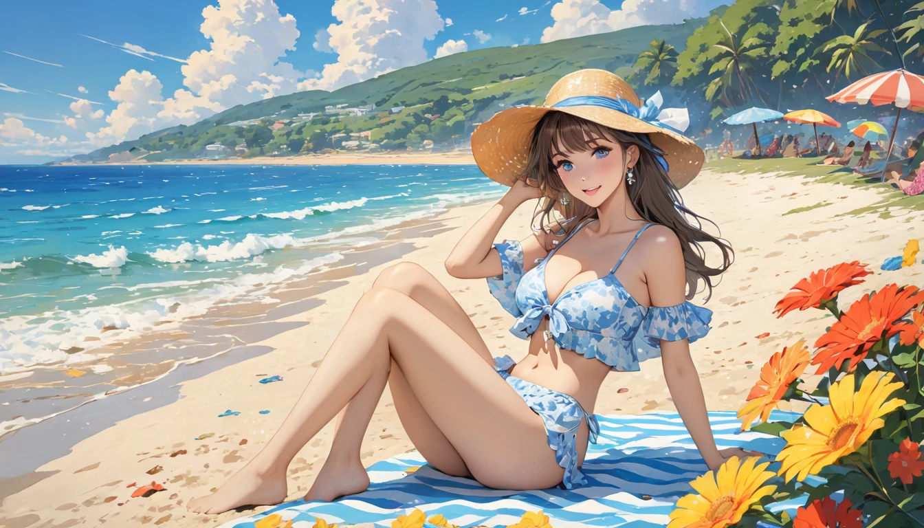 (best quality,4k,8k,highres,masterpiece:1.2),ultra-detailed,beautiful detailed eyes,beautiful detailed lips,extremely detailed eyes and face,long eyelashes,beautiful,
vivid colors,ultra-fine painting,sharp focus,physically-based rendering,warm tones,natural lighting,sun-kissed,wavy hair,summer,sexy,seaside,happy expression,bronzed skin,floral dress,beach background,joyful,relaxed,eyes sparkling with happiness.