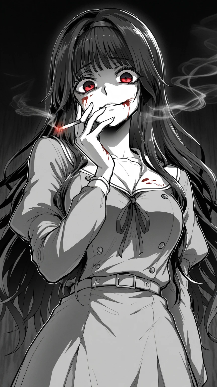 woman, creepy smile, messy hair, horror, eating lollipop, sitting in chair, disgusting, creepy, nightmare, disturbing, blood on face, blood on clothes, by junji ito,