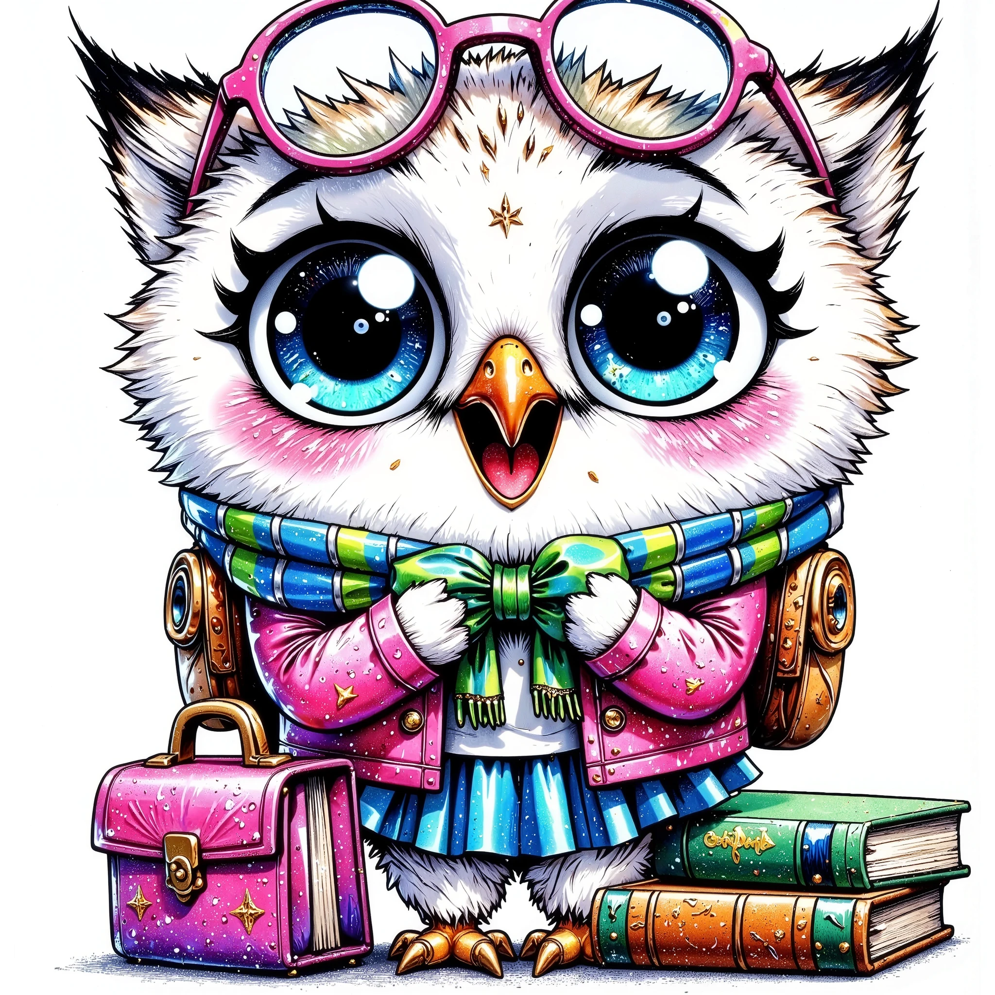 goldglitter (extremally detailed hi-rez and realistic ideal silk glossing hairs and goldglitter shine detailes: 1.5) a quirky crazy happy expressive emotions by pixarand Zootopia,glossing vibrant vivid, color-metallicgoldlines-inkblacklines, watercolor with clear contours, single very cute flirtous 15years Hedwig white polar owlteenager cool teenager with schoolbooks, school glitterclothes, isolated clipart on white background, glossing gold details,highfashion pose,whole-body,Zootopia,whole-body full-body clipart,GREGRUTKOWSKII STYLE