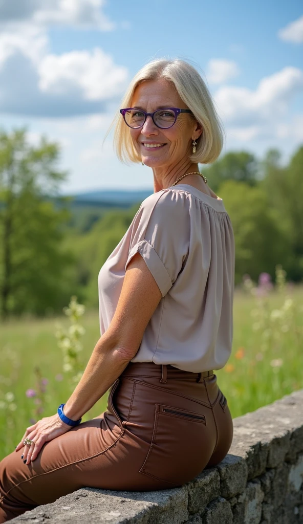 megan mullally, ((66yo GILF)), totally hotie beautiful granny, with her cute grandson boy, BREAK, rimmed eyeglasses, ponytail chic hair, totally hot & cutie gilf, thick fleshy arms, (anatomically perfection:1.2), (perfect anatomy), masterpiece, best quality, masutaa piisu, detailed eyes, lewd sensual thick gilf, dynamic view, BREAK, this gilf is so sensual, her body is thick, she's seen to be talking to 1  on her house kitchen, (she's wearing loose t-shirt and mini hot pants:1.3), wearing loafers, (fully clothed), natural sensual pose, arms on fence, (full body view),