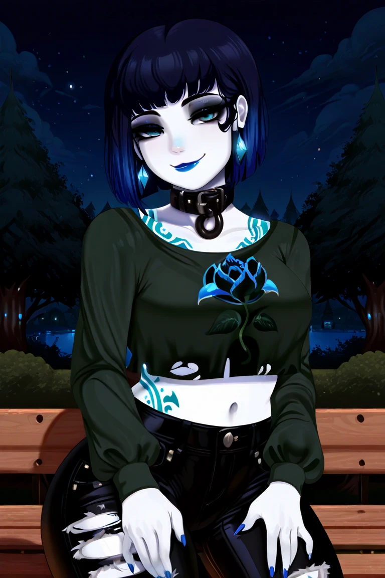 score_9, score_8_up, score_7_up, score_6_up, score_5_up, score_4_up, highest_quality, masterpiece, 1boy, feminine boy, girly boy, pointy ears, black hair, blue eyes, short spiky hair, bangs in front, goth, black lipstick, black v-neck shirt, midriff visible, skull logo on shirt, denim shorts, black thigh high socks, D-cup breasts, in dense forest, night time, full moon, foggy, high rise thong, lace thong, werewolf in distance, parted lips, black choker, sleeve tattoos, absolute territory, one hand on ass, one hand above head