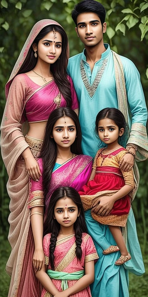 Beautiful young indian couple with their little daughter and a little baby