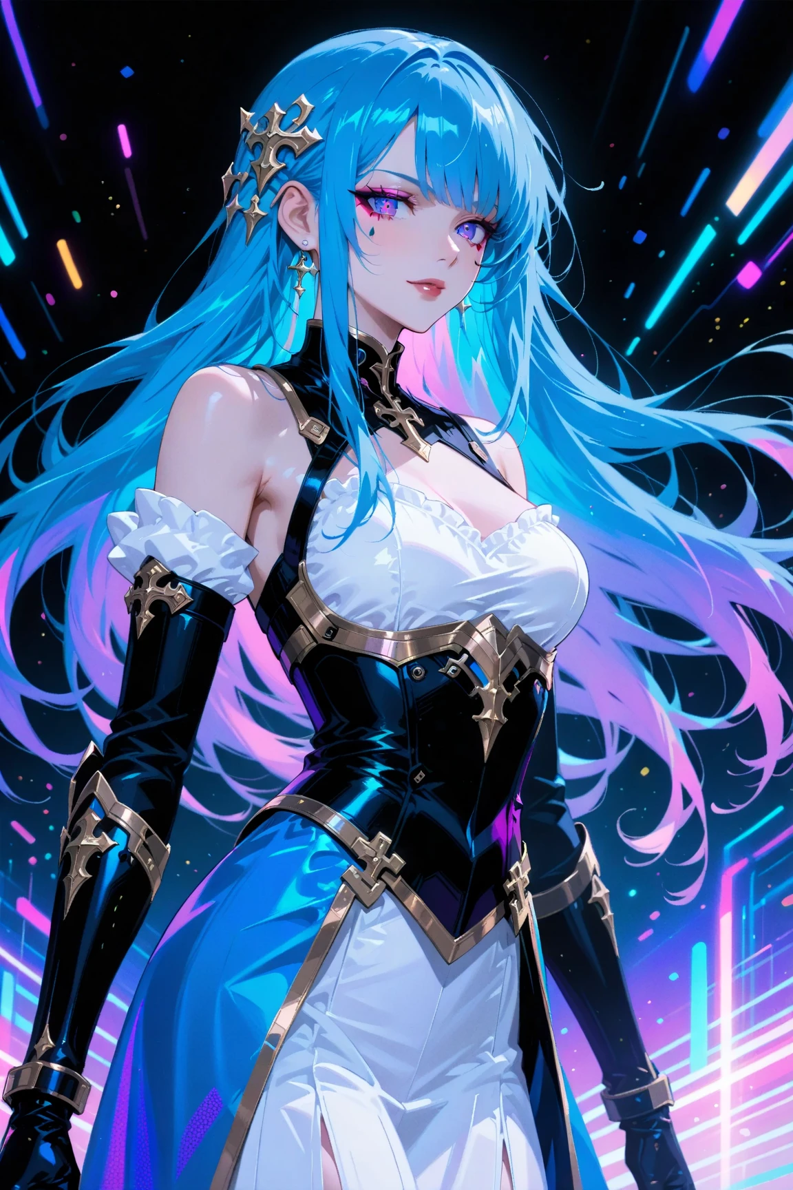 A masterpiece of high quality and extremely detailed, that shows a CG of an 8k wallpaper unit, with cinematic lighting and lens flare. The eyes of the unit are beautiful and detailed, with different colors: one black and one multicolored. She looks to the side, with a mysterious and seductive expression. Her hair is long and multicolored, with shades of pink, blue, green and purple. The colored light reflects on her hair and her skin, creating a rainbow effect. Bright particles float around her, giving a magical touch to the scene. The image has a color factor of 1.5, which increases the saturation and contrast of the colors. The hair also has a color factor of 1.5, which enhances the nuances and reflections of the colored hair.