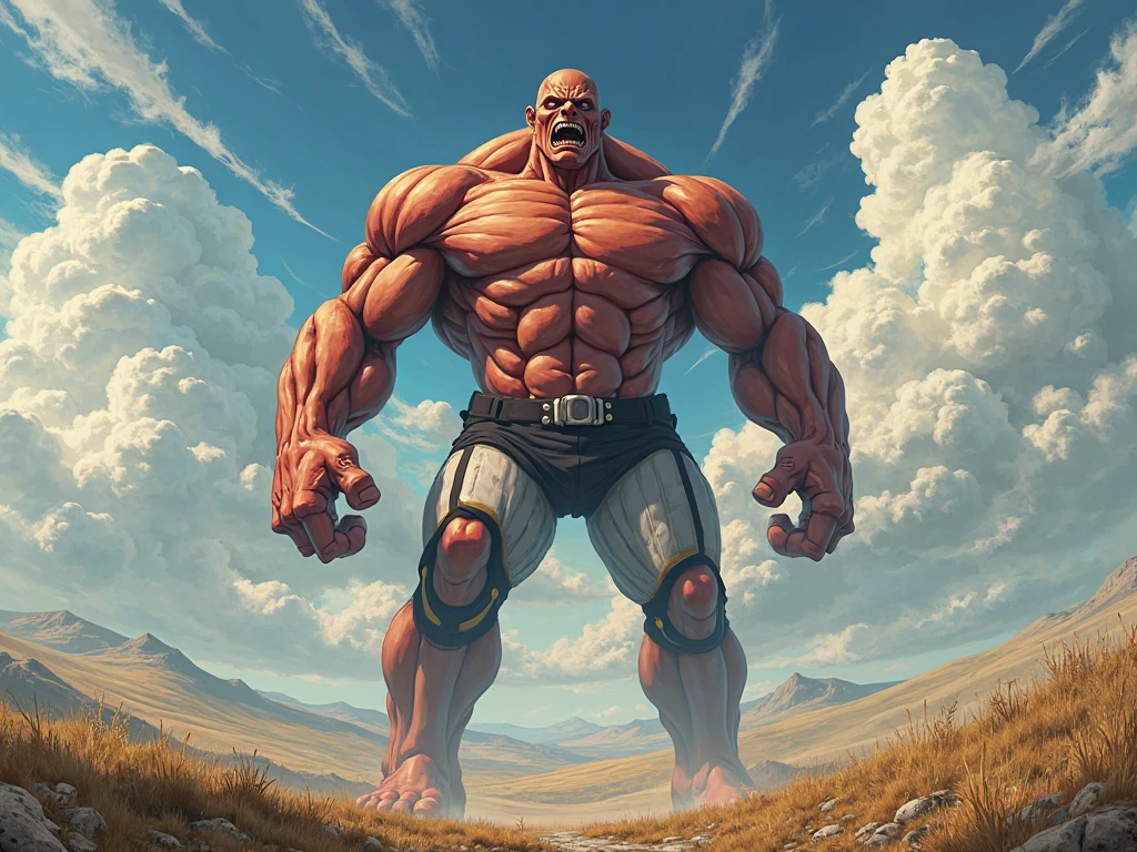 high high quality，highly  detailed，Strong and tall bald giant，Wear torn panties，without wearing shoes，Meat stick in hand，Wanton destruction of cities，Height 100 meters，The background is the remnants of the city，