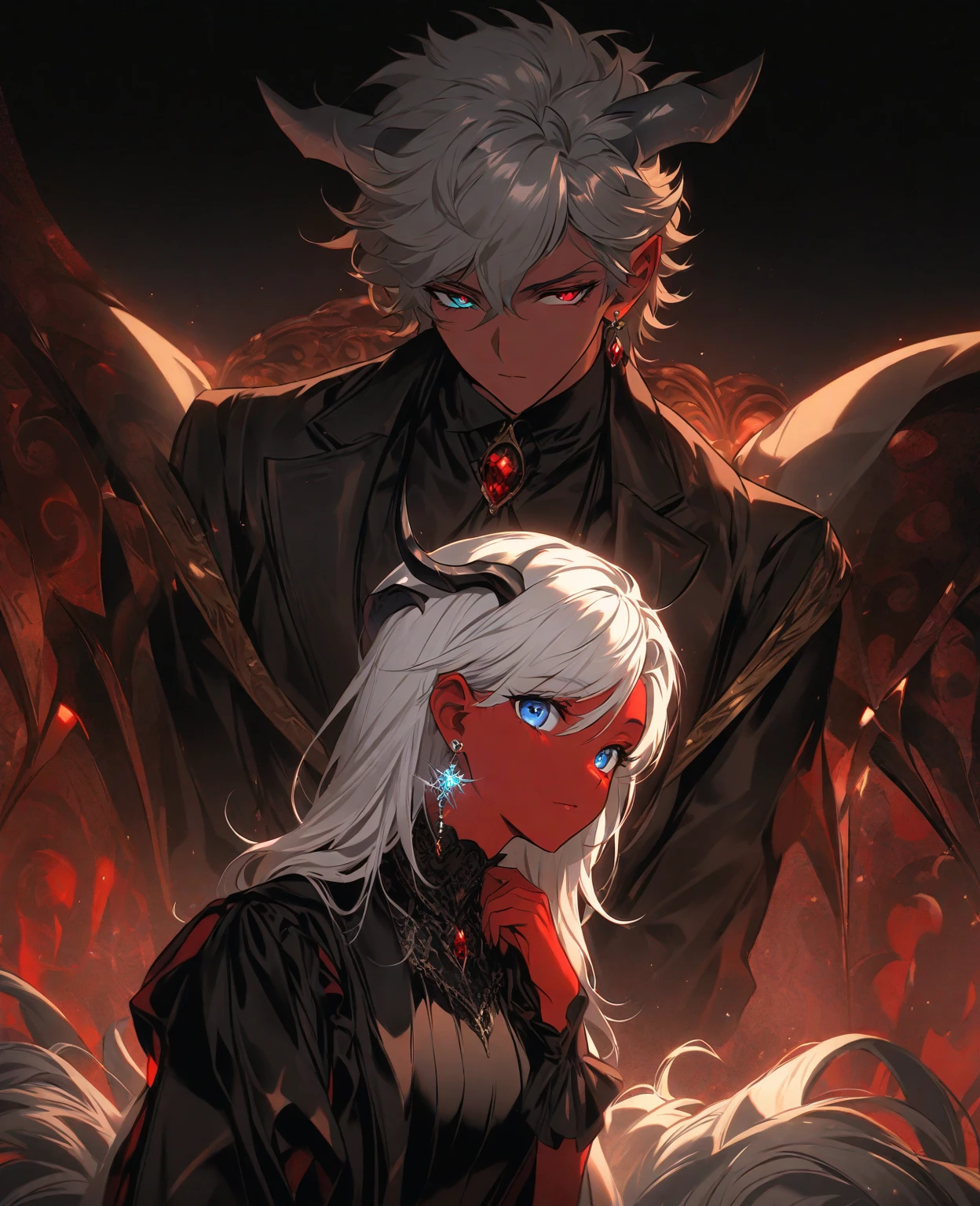 White haired demon queen, she has yellow eyes. kissing a man in a dark place full of dim light in the background several ancient castle ruins in the sky red colors,  Demon Queen is on top of the male , Queen&#39;s clothes dress well placed on her body,  ela ta provanco ele com seu corpo linda sext, ela abraçar ele quanto ela fica sem entender nd, muito timido.
