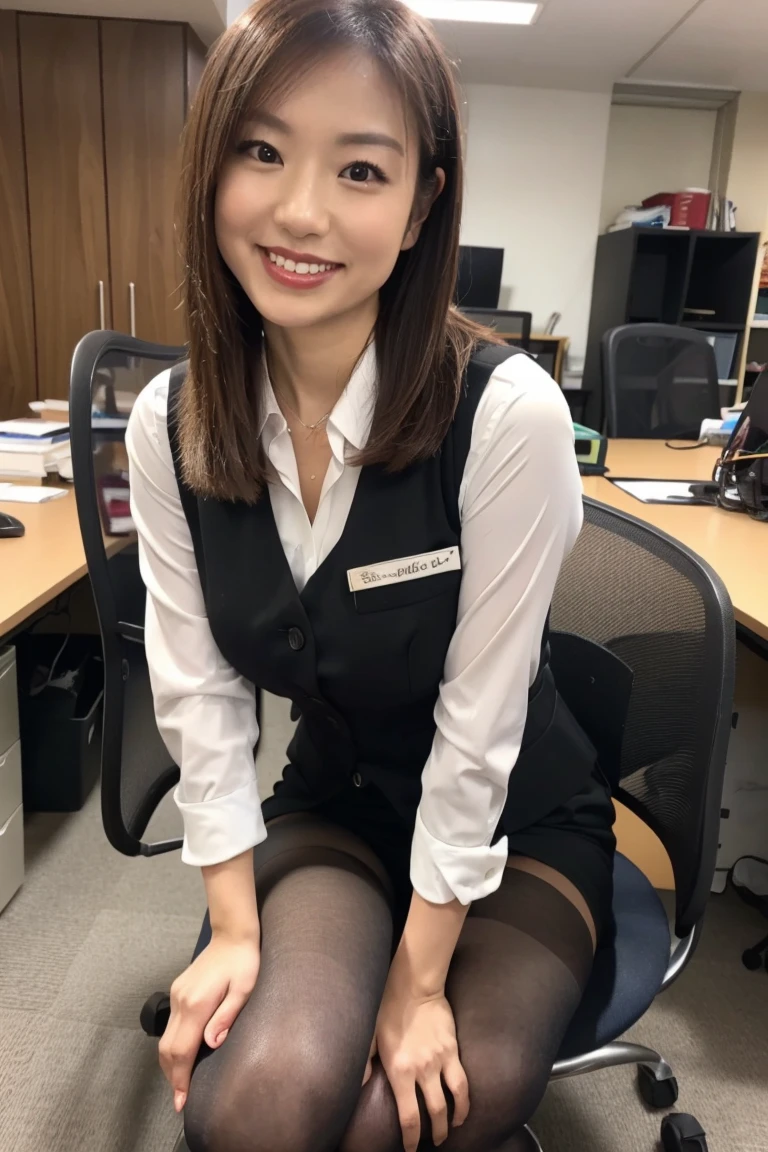 Urzan-6500-v1.1, (RAW Photos:1.2), (Realistic), (Genuine:1.4), 1、Perfect Anatomy、4、Looking into the camera、Beautiful Japanese Women, alone, 1, Supermodel, Japanese Mature, (smile), ((White business shirt:1.7, black business vest:1.7, Black ultra mini skirt:1.7, Thin black realistic stockings, Business services)), Big Ass:1.3、Spread your legs,((Sit in a business chair:1.3))、(Ultra-realistic pantyhose:1.3), (High heels)、(Business services)、(とても愛情深いsmile:1.2)、Shooting from below:1.3, Ceiling seen from below,