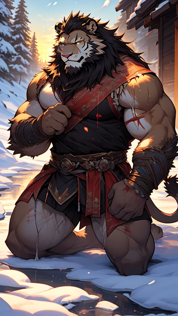 (solo),(best quality), (photorealistic:1.2), (masterpiece:1.3), (realistic detail:1.2), highest quality, ultra detailed, 8k, RAW photo, (mature male wolf:1.3), (general),(defeated),(damaged body),(extreme detail:1.3), (gray fur:1.2), facial hair, long hair, white braided hair, (blood:1,6),(elderly:1.2), (emaciated:1.3), nude, (muscular:1.3), (battered body:1.4), bleeding, (heavily scarred:1.4), shackled, (chained:1.4),(chains wrapped around his arms and main body ), (dungeon:1.3), (torture:1.3), (extreme pain:1.5), (semiconscious:1.3), (main body nailed to the wall:1.3), (weak:1.4), (suffering:1.5), (dim lighting:1.2),(coughing blood)