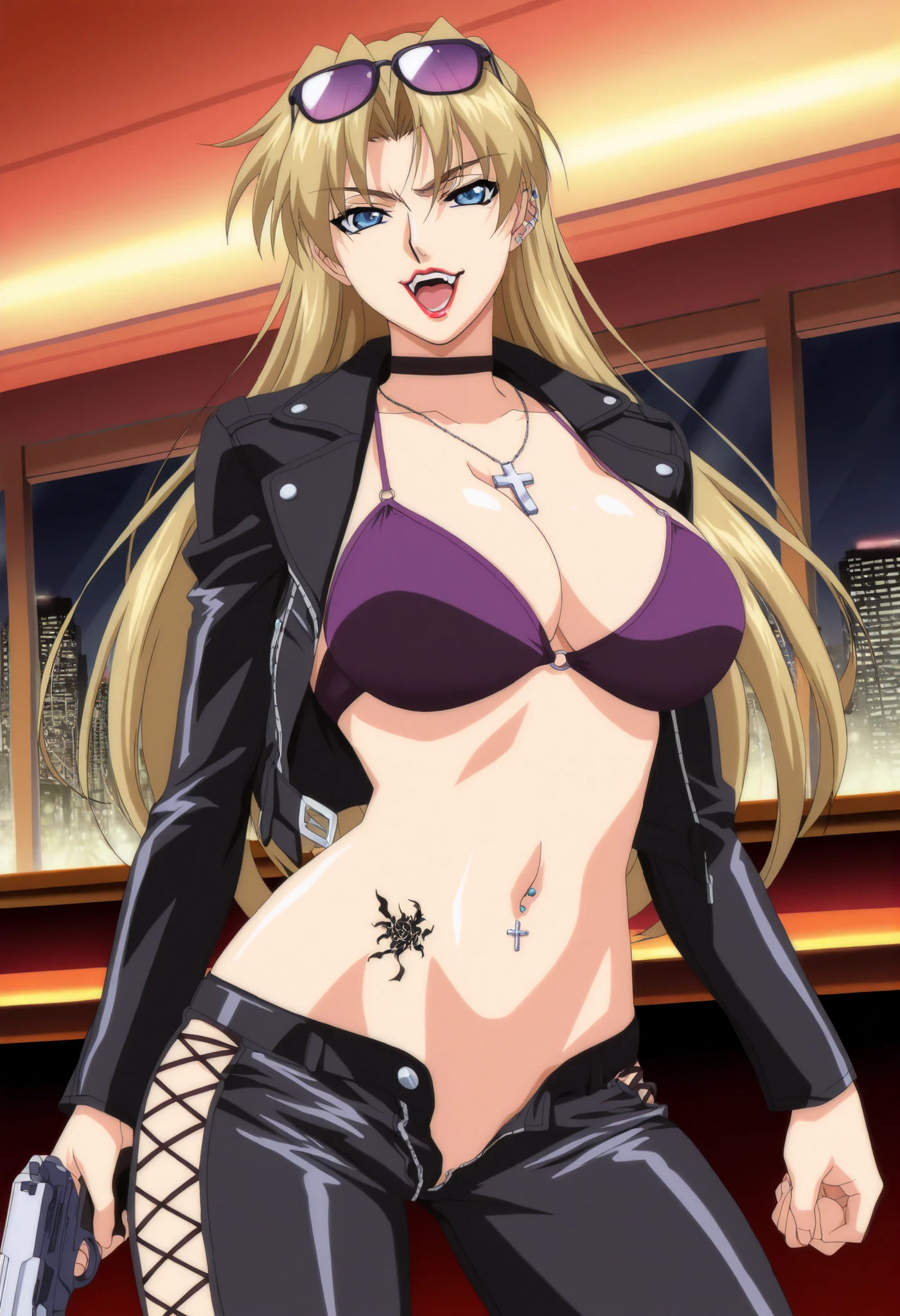 masterpiece,best quality,amazing quality,very aesthetic,high resolution,ultra-detailed,absurdres,newest, Obari Masami style, anime screencap, anime screenshot, 2000s (style), Shaia, blonde, 1girl, , blue eyes, sunglasses on head, ear piercing, long hair, , lipstick,Hot girl, baddie, smoking, sensual, attractive cross necklace, choker, bar background, inside bar,indoors, cityscape, casino, nightclub, city lights,masterpiece, best quality, highly detailed, a girls with a gun, evil smile , open mouth, sexy gaze, badass pose , evil smile, smile, (nsfw) not safe for work, guns blazing, anime girl with long hair, beautiful long haired girl, navel, evil expression, exposed belly, exposed navel, exposed midriff, exposed lower belly, long black pants, cleavage, unbuttoned leather pants ,open fly, low rise black leather pants, leather jacket, holding a gun, holding pistol , navel piercing, knot, pull_down leather pants,(show off panties,:1.2, no panties), pull_down long black pants, pull_down black leather pants, zip up leather jacket, bikini top, navel , shoulder holster, ,cross-laced slit , medium large breast ,, looking at viewer , dragon tattoo on waist, narrowed eyes, tattoo on waist, anipai_style , anime screencap , anime coloring, v-shape eyebrows,