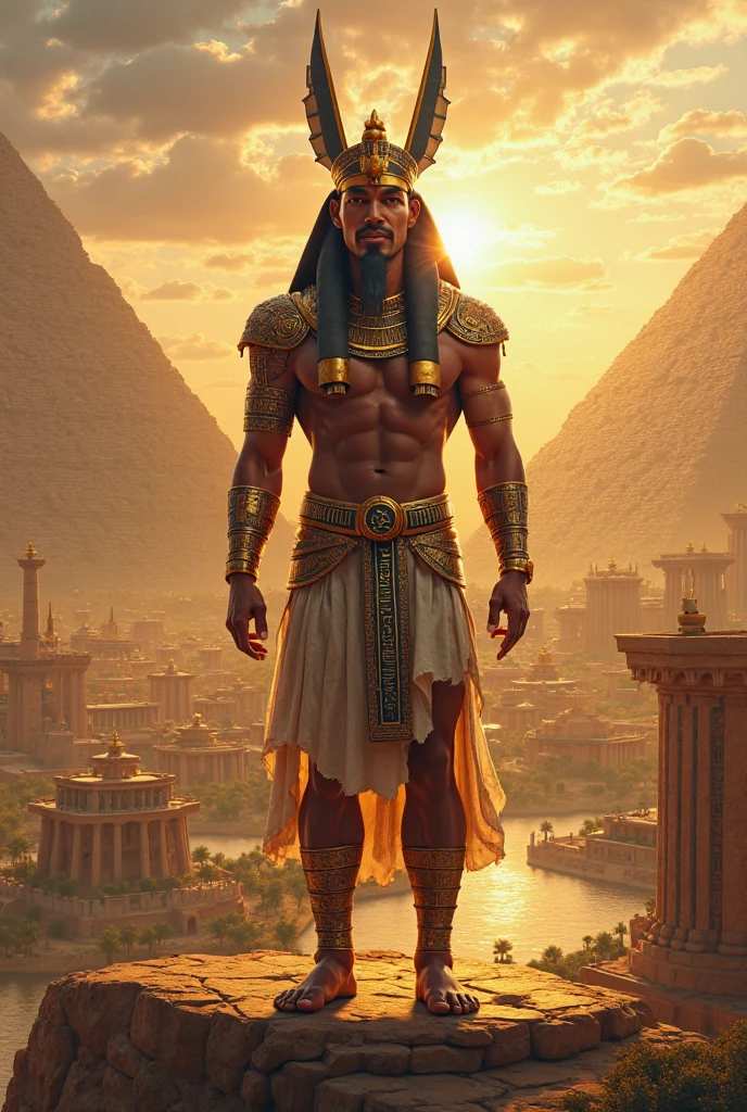 (((Egyptian God))) Best quality, ultra high resolution, Detailed 4K computer graphics, masterpiece,Osiris,god of the dead, Egyptian mythology,pyramids,hieroglyphics,Egyptian clothing, desert,((standing) ) , aesthetic , Beautiful image, centered on the screen, oasis in the background
