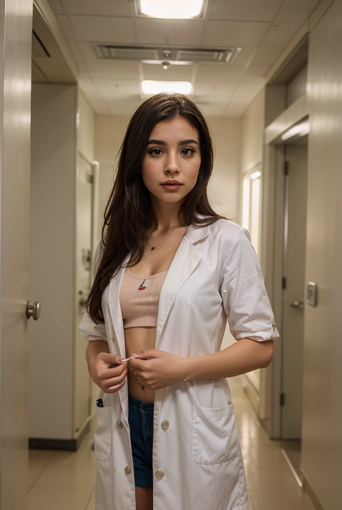 Beautiful female doctor in white coat, stethoscope around neck, full body, hospital examination white room, sitting cross-legged on office chair, thighs peeking out from white coat, black stockings, computer and keyboard on desk, (Excellent photograph, Best picture quality, High resolution: 1. 4), detail, extreme color, (Beautiful face) Ambient Soft Lighting, 4K, Bokeh, Background Blur, Depth of Field, Bokeh, Free Viewpoint, Photography, Attractive Young Woman, (Beautiful Face: 1.1), Narrow Eyes, Luscious Lips, (Smoky Eye Makeup: 0.85), (Moody Lighting: 1.2), Depth of Field, Bokeh, 4K, HDR.