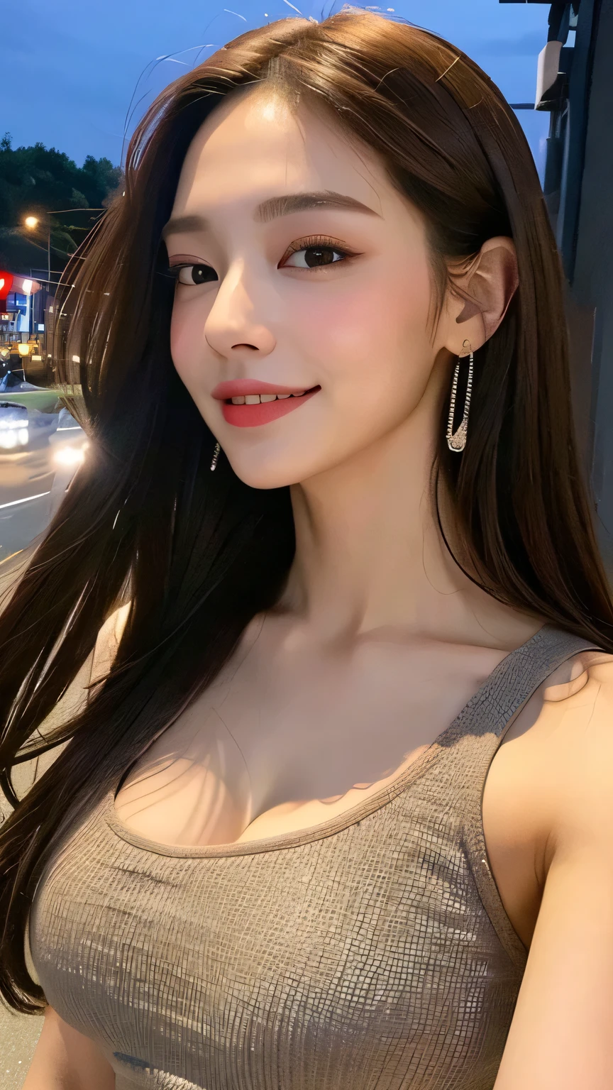 ((highest quality, 8k, masterpiece :1.3)), One girl, Selfie, Open your mouth, Very attractive smile:1.2, Red lipstick:1.2,Slim face, Beautiful woman, Big Breasts:1.3, Highly detailed face, double eyelid,  Blur the background, Slim face, city, outside, sunny, null, nature,Cafe,looking at the camera,White loose blouse,Purple tight skirt,(masterpiece: 1.3), (Maximum resolution: 1.4), (Ultra high definition: 1.2), Cinematic Light, Ultra high definition, (Detailed eyesと肌), (Detailed facial features), 8k resolution, Perfect Style, Beautiful expression、Highly detailed face and skin texture、Detailed eyes、Glitter Eyeliner:1.2、Thin cheeks、((Pure white skin:1.4)),Glossy Lips:1.2、((Full Body Shot:1.2)),(Straight Hairstyles、Light brown hair)、One-length long hair、175cm,From above