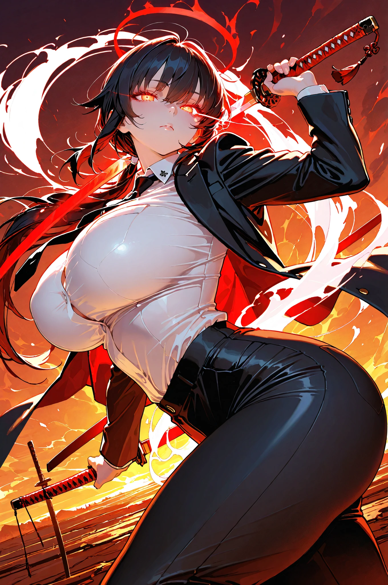{pant suit}, ((black pant)), black suit, chest harness, black business suit, black vest, cameltoe, (( black business shirt)), button gap, red necktie, red stall, gold buckle belt, black hair, long hair, tall female, lip gloss, red lips, latex, Sheer black shirt, red necktie, red eye, long coat, thick thighs, bangs, red nail, red gem earrings, huge , big ass, enormous breasts, plump, (thigh belt), muscular thighs, gigantic breasts, shiny clothes, detail face, gold buckle belt, open stance, hand on hip,