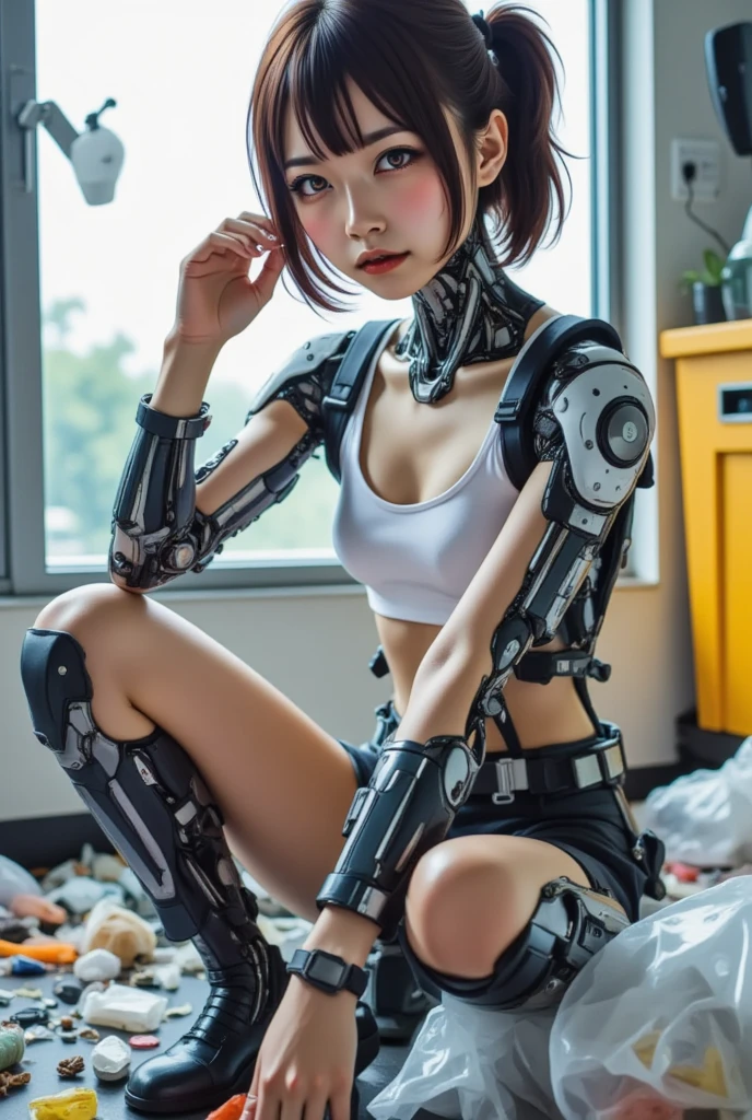 Thaifacemixx, (Photorealsitic:1.4)、((a beauty girl:1.6)), (1 full-body cyborg girl: 1.5), Nipple, , sixteen years old、NOhumans、((The skin part is only the face)), Luminous Eyes、((Lots of split metal chest protectors)), Metal Robot、((The whole body is the body of a combat robot))、((Body parts are robot parts:1.8))、((The internal mechanisms of the chest are exposed)), ((Mechanical chest armor with LED indicators and meters)), Robot arms and legs、((Exposed metal skeleton of the abdomen))、Metal skeleton of the cervical region、Under repair、destroyed body、Metal Mechanical Bra、Full Body Metal Skin、Metal bodysuit、Metal scales covering the whole body、body made of metal、Whole body metal、a beauty girl、prosthetic hand、artificial leg、Full body cyborg、Exposed metal skeleton、Asian Beauty、cyberpunked、steampunc、Inside the futuristic space battleship、laboratory、Complex 3d rendering beautiful porcelain profile ultra detailed female type android face、dark brown hair、glowy skin、((super realistic details))、portlate、globalillumination、Shadow、octan render、metals、Details of complex ornaments、Japan details、highly intricate detail、Realistic light、CGSoation Trends、a purple eye、radiant eyes、Facing the camera、neon detailechanical limbs、blood vessels connected to tubeechanical vertebrae attached to the back、mechanical cervical attaching to neck、sitting on、Wires and cables connecting to the head、Gundam、Small LED lamp、masterpiece、 Metal Robot、body made of metal、Whole body metal、prosthetic hand、artificial leg、Full body cyborg、Exposed metal skeleton、Asian Beauty、cyberpunked、steampunk、Futuristic cities、laboratory、Complex 3d rendering beautiful porcelain profile super detailed female android face、cyborgs、roboticparts、150mm、beautiful studio soft light、Rim Lights、Anatomical、face muscles、cable electric wireicrochips、elegent、beatiful backgrounds、octan render、HR Giger Style、8K、top-quality、masterpiece、illustratio、extremely delicat , (Charming :1.7) , (Flirting :1.3)