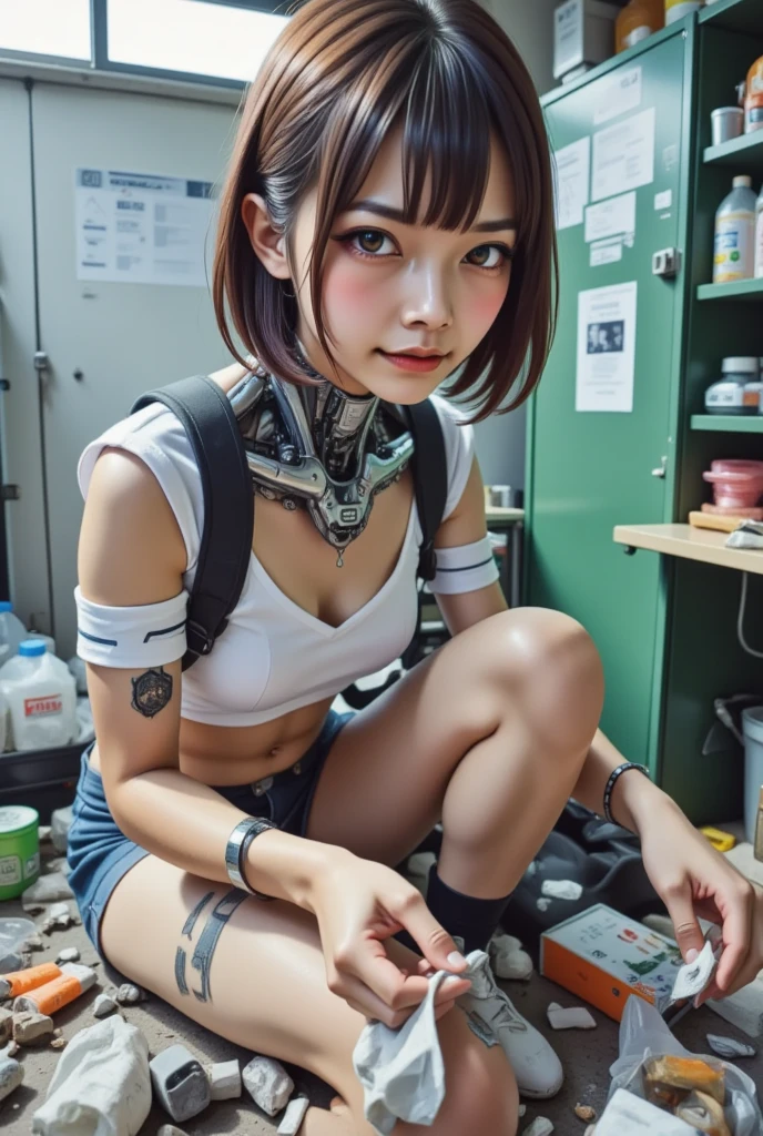 an image of a woman who is kneeling on the floor black hair green eyes black shirt short denim shorts, he is lifting his shirt with his mouth revealing his robotic abdomen made of wires and metal parts, the image conveys the concept of art and fusion between humans and machines