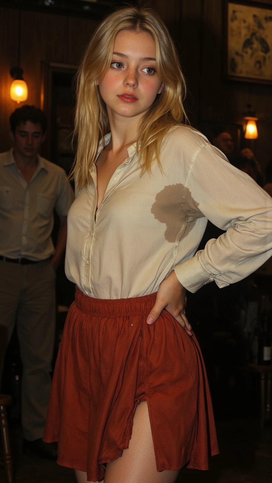 1 European fake blonde tiny tits in red tight transparent top. Wearing glasses and smiling. Wearing a skinny skirt jeans