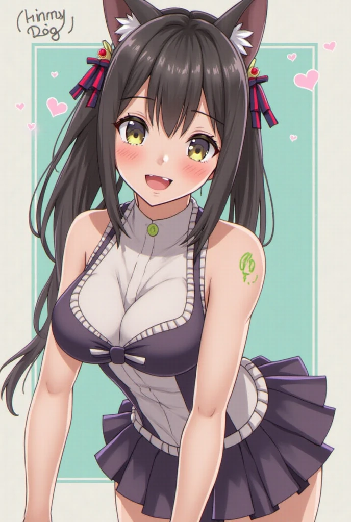 (extremely detailed CG unity 4k wallpaper),(anime coloring),(masterpiece),(best quality),(ultra-detailed),(best illustration),(best shadow),(absurdres),(detailed background), <lora:OGT_Ruby_Toujo-v2:0.8> Ruby Toujo, 1girl, solo, one eye closed, breasts, long hair, cleavage, open mouth, detached sleeves, smile, book, hand on hip, black hair, ;d, leaning forward, skirt, pink nails, ribbon, large breasts, black skirt, hair ribbon, nail polish
